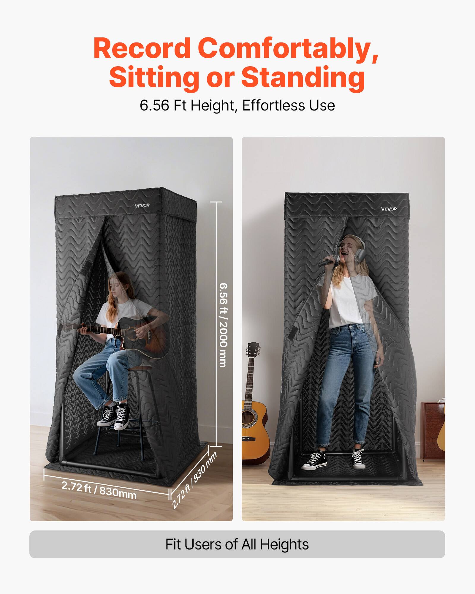 Record Comfortably, Sitting or Standing  
6.56 Ft Height, Effortless Use  

VEVOR  
6.56 ft / 2000 mm  
2.72 ft / 830 mm  

Fit Users of All Heights