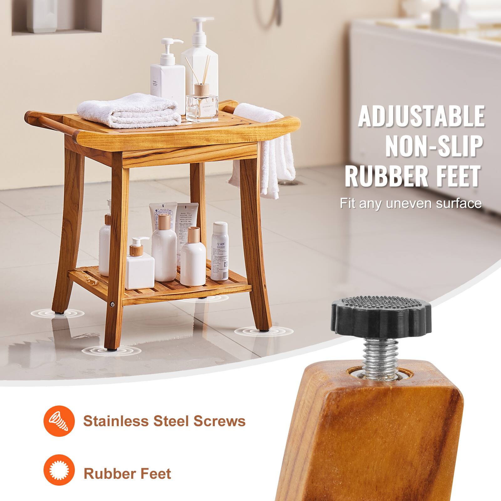 ADJUSTABLE NON-SLIP RUBBER FEET  
Fit any uneven surface  

Stainless Steel Screws  
Rubber Feet