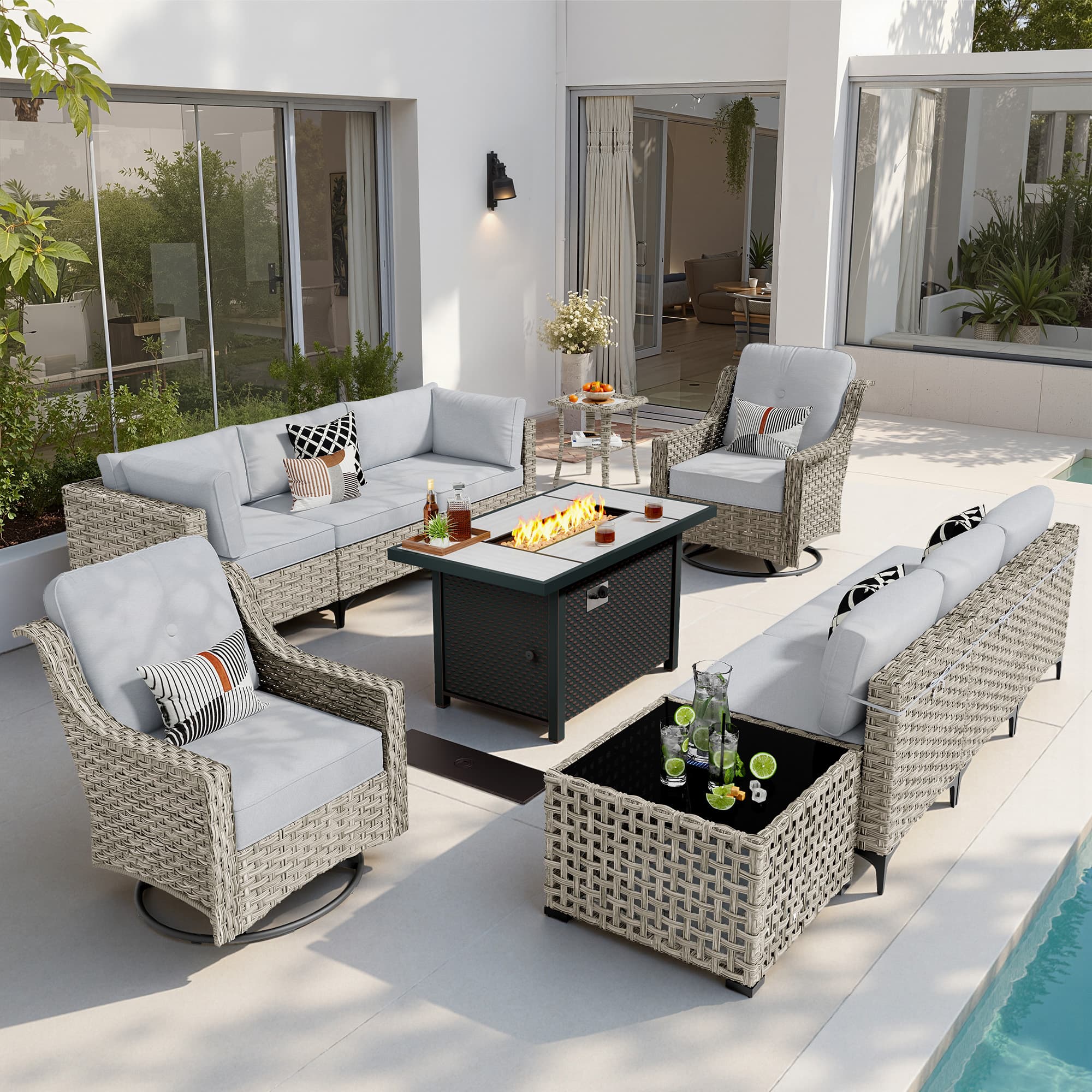 Ovios - 11 PCS Patio Furniture Sectional Sofa Set with Swivel Chair Coffee Table & 42" Firepit Table - Gray