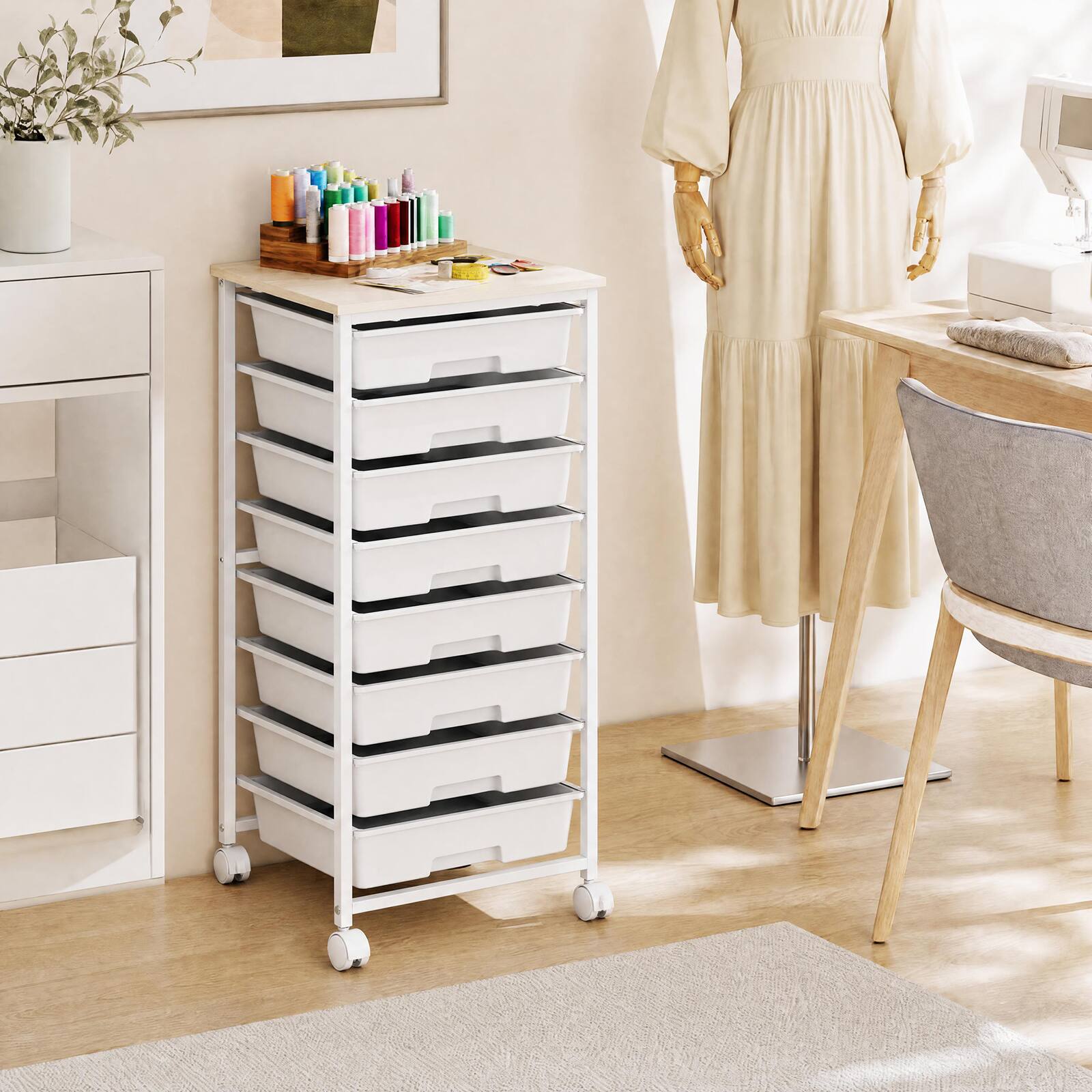 Alt View 4. Costway - Costway 8-Drawer Art & Craft Storage Cart, Storage Cart with 4 Universal Wheels, Metal Frame for Home 15"L - 15"L White.