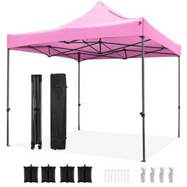 Costway - 10 x 10 FT Outdoor Pop up Canopy Tent with Wheeled Bag, 4 Sandbags, Stake & Ropes - Pink
