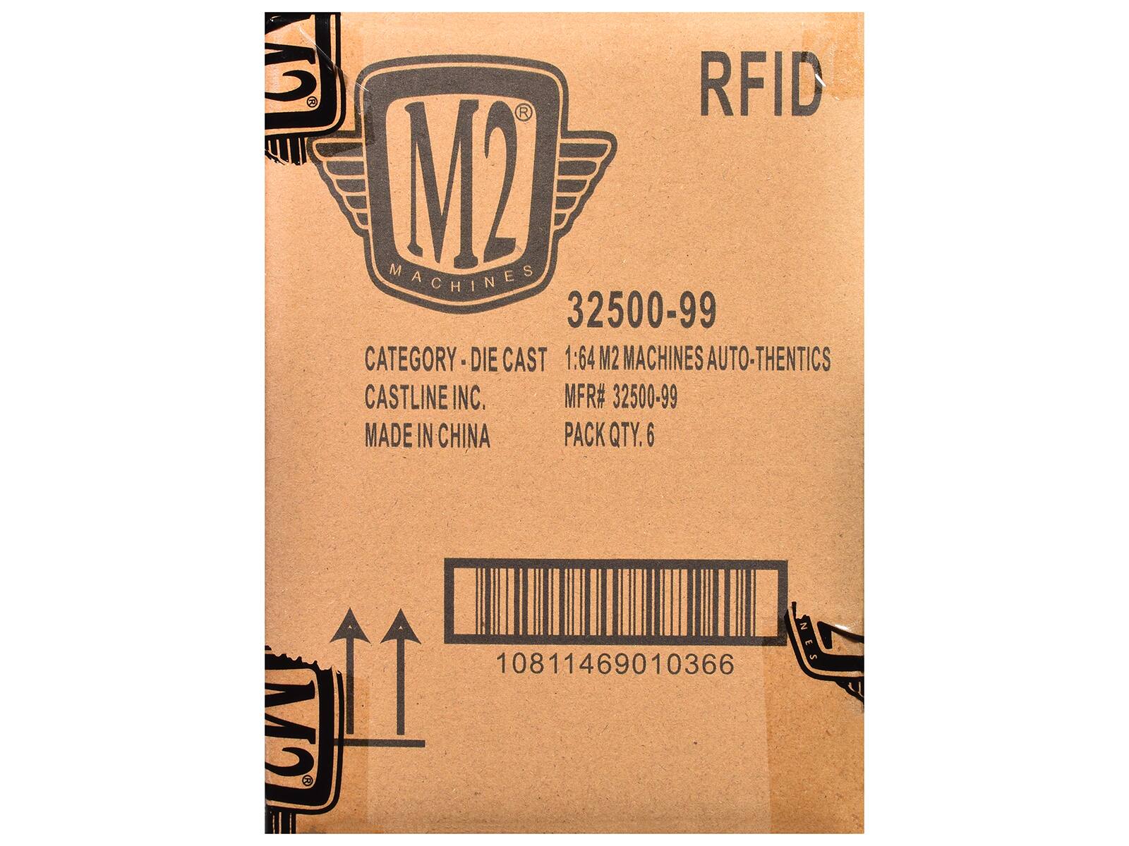 3 RFID M2 MACHINES  
32500-99  
CATEGORY-DIE CAST  
1:64 M2 MACHINES AUTO-THENTICS  
CASTLINE INC.  
MFR# 32500-99  
MADE IN CHINA  
PACK QTY. 6  
10811469010366