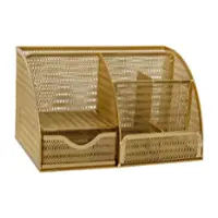 Martha Stewart - Ryder Premium Mesh Metal Small Desktop Organizer With Drawer - Gold - Front_Zoom