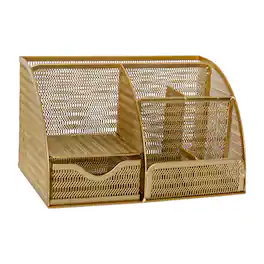 Martha Stewart - Ryder Premium Mesh Metal Small Desktop Organizer With Drawer - Gold