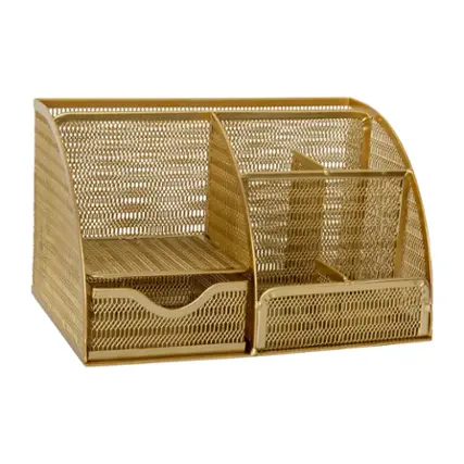 Martha Stewart - Ryder Premium Mesh Metal Small Desktop Organizer With Drawer - Gold