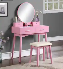 APRILSOUL - Liannon Contemporary Wood Vanity and Stool Set - Pink