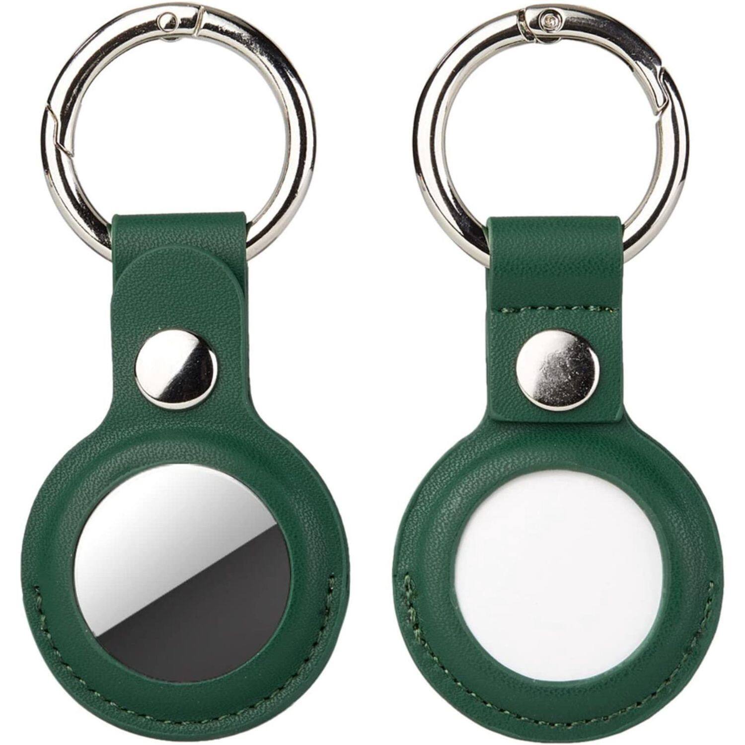 Angle. Home Collection - A-Green Leather Case Cover with Keychain for Apple AirTag – Protective Pet Tracker Sleeve Shell Skin - Green.