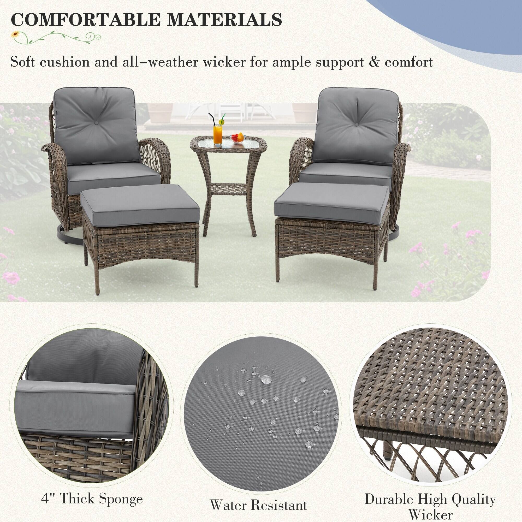 **COMFORTABLE MATERIALS**

Soft cushion and all-weather wicker for ample support & comfort

- 4" Thick Sponge
- Water Resistant
- Durable High Quality Wicker