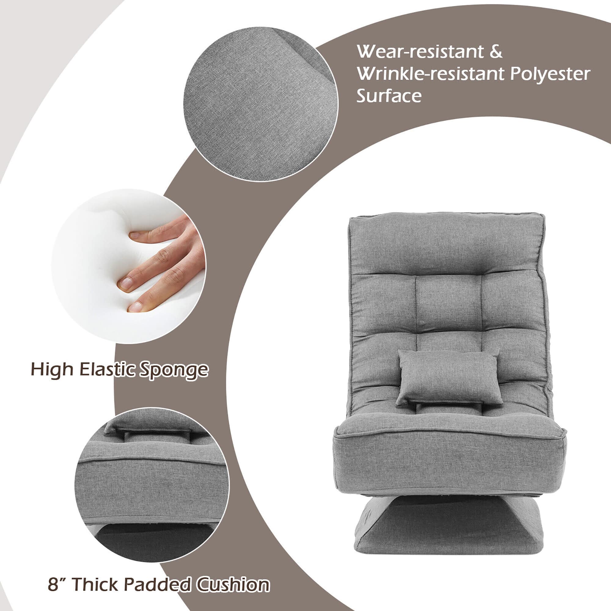 The text on the image can be grouped as follows:
1. Wear-resistant & wrinkle-resistant polyester surface
2. High elastic sponge
3. 8" thick padded cushion
The corrected text would be:
1. Wear-resistant & wrinkle-resistant polyester surface
2. High elastic sponge
3. 8" thick padded cushion