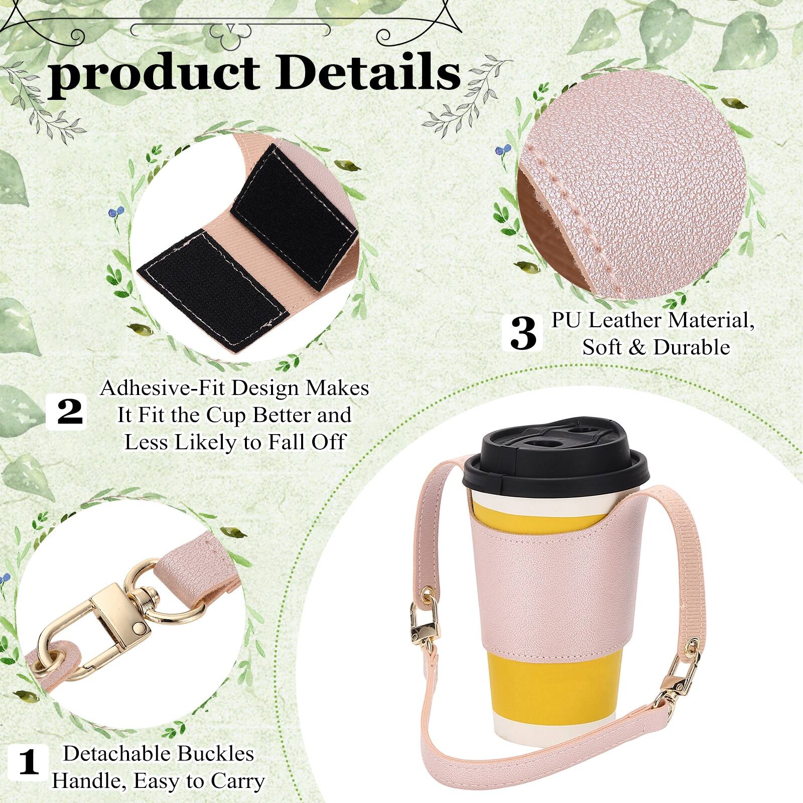 product Details

1. Detachable Buckles Handle, Easy to Carry
2. Adhesive-Fit Design Makes It Fit the Cup Better and Less Likely to Fall Off
3. PU Leather Material, Soft & Durable