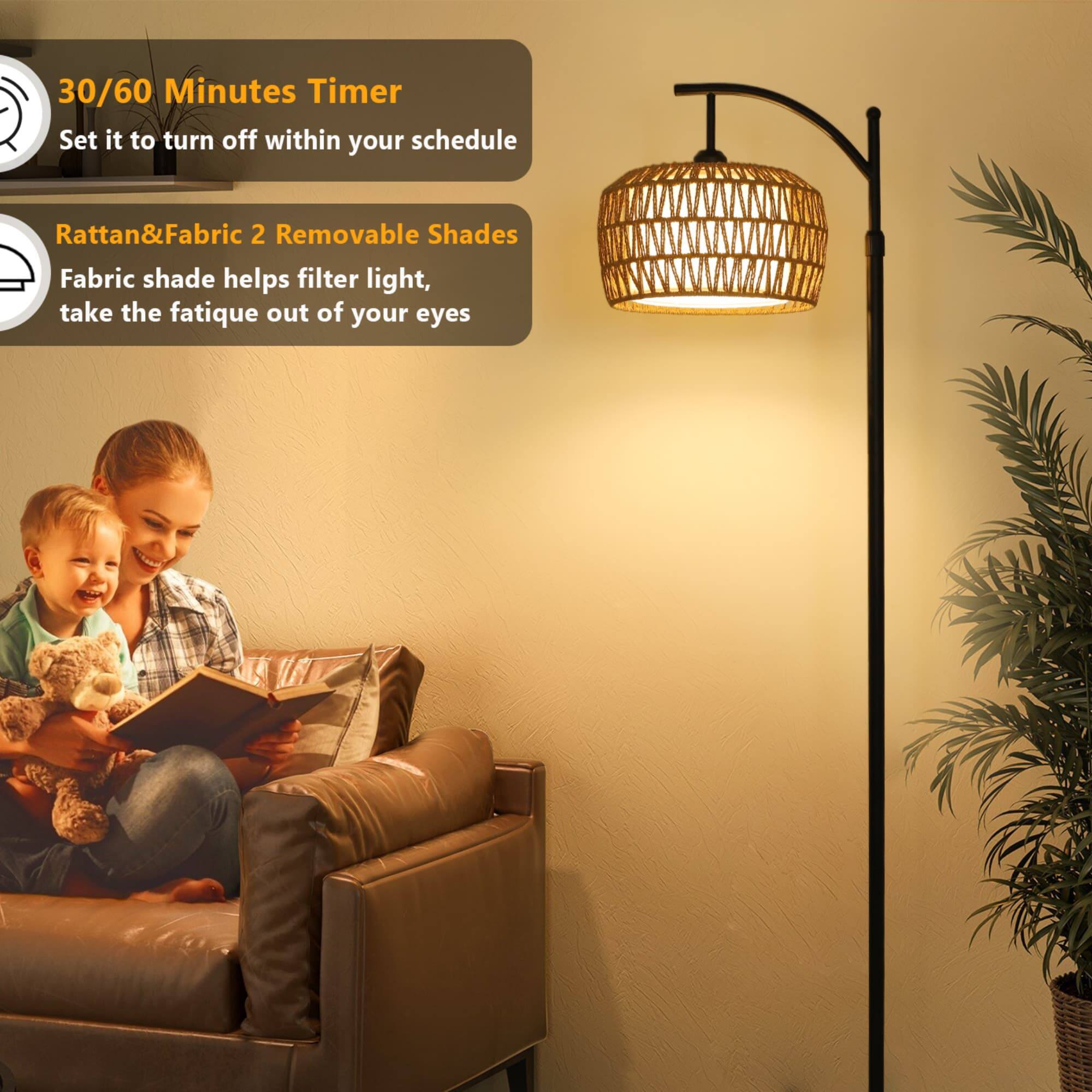 30/60 Minutes Timer  
Set it to turn off within your schedule  

Rattan&Fabric 2 Removable Shades  
Fabric shade helps filter light, take the fatigue out of your eyes