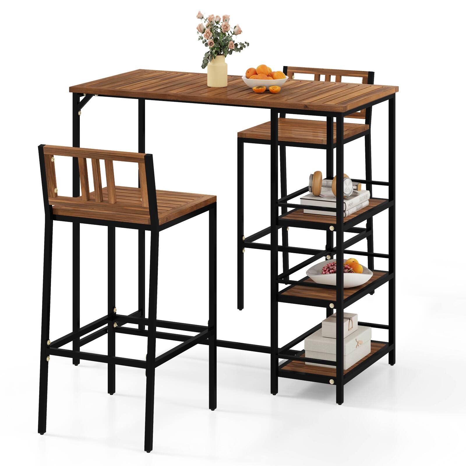Alt View 8. Gymax - Gymax 3 Pieces Outdoor Wood Bar Set w/ 3-Tier Storage Shelf & Metal Frame for Backyard - Black, Natural.