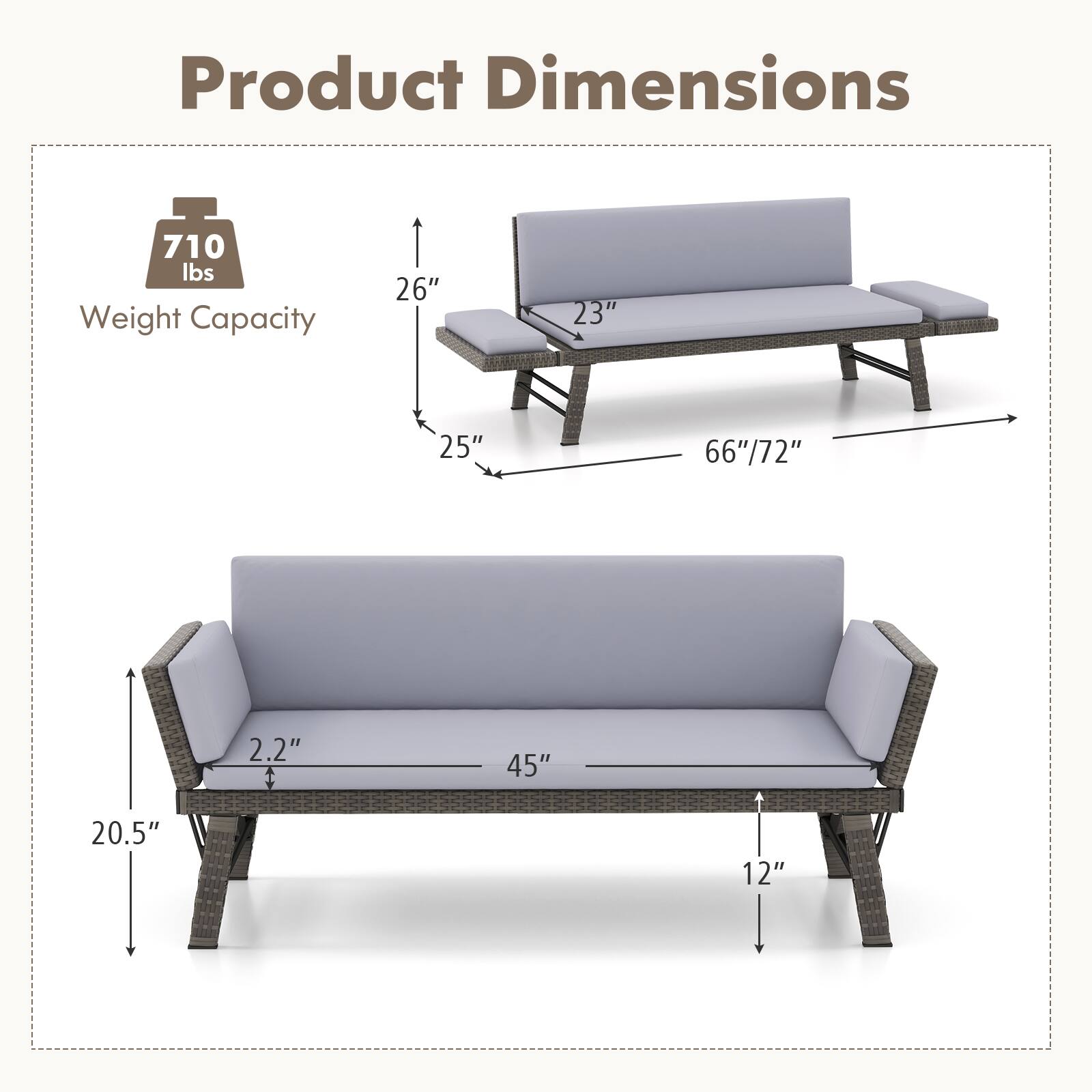 Product Dimensions: 710 lbs weight capacity, 26" x 23" x 25" dimensions, 66" x 72" x 2.2" dimensions, 1 45" x 20.5" x 12" dimensions.