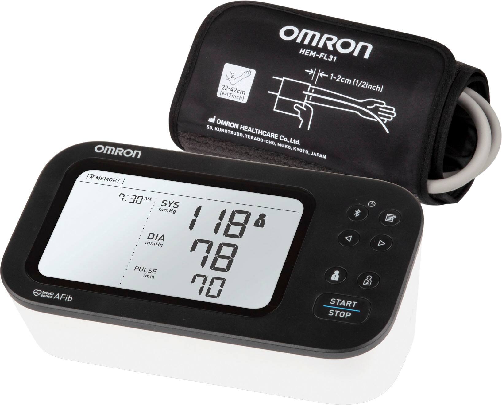 The image features an Omron HEM-FL31 blood pressure monitor, which is a portable device designed for measuring blood pressure. The device is placed on a white background, and it is accompanied by a black case. The monitor displays the current blood pressure reading, which is 18/78 mmHg. The device also has a memory function, allowing users to store their blood pressure readings for easy tracking and comparison over time.
