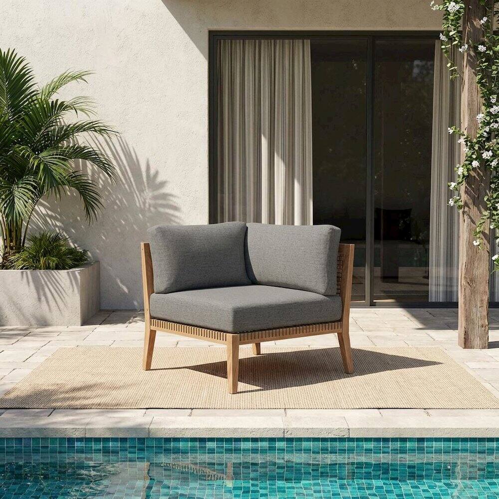 Angle. Outdoor Escape - Teak Wood Corner Outdoor Lounge Chair With Backrest And Seat Cushion - Gray.