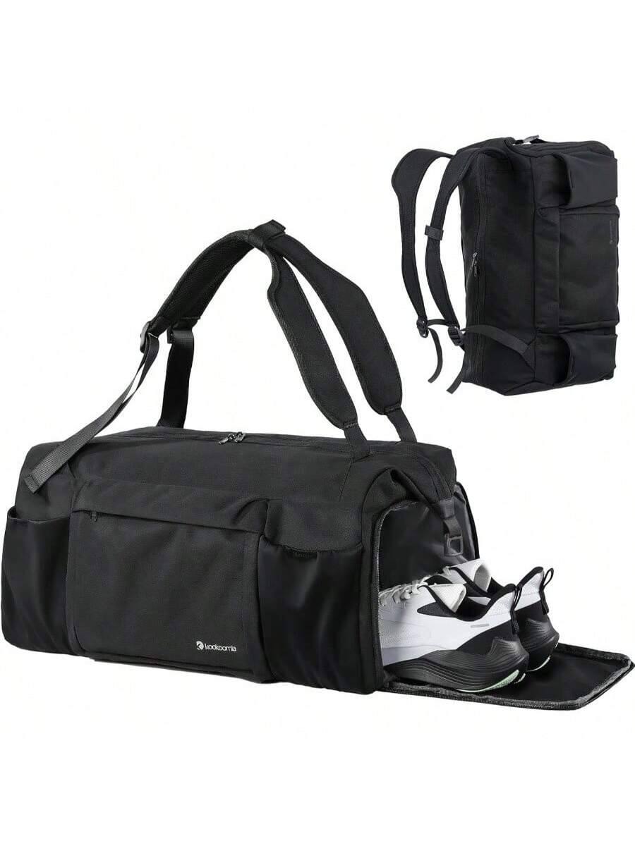 Live At Space - Gym Bag Men with Shoes Compartment and Wet Pocket Convertible Duffle Backpack Waterproof Sports Bags 2 Bottle Holders - Black+Large