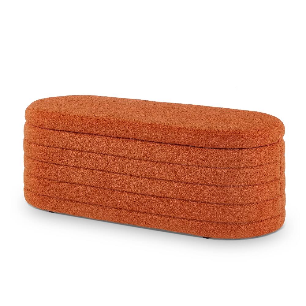 Left. Ropilly - Ropilly Modern Oval Storage Ottoman Bench, Orange Boucle Teddy Fabric End of Bed Bench for Bedroom Entryway - Orange.