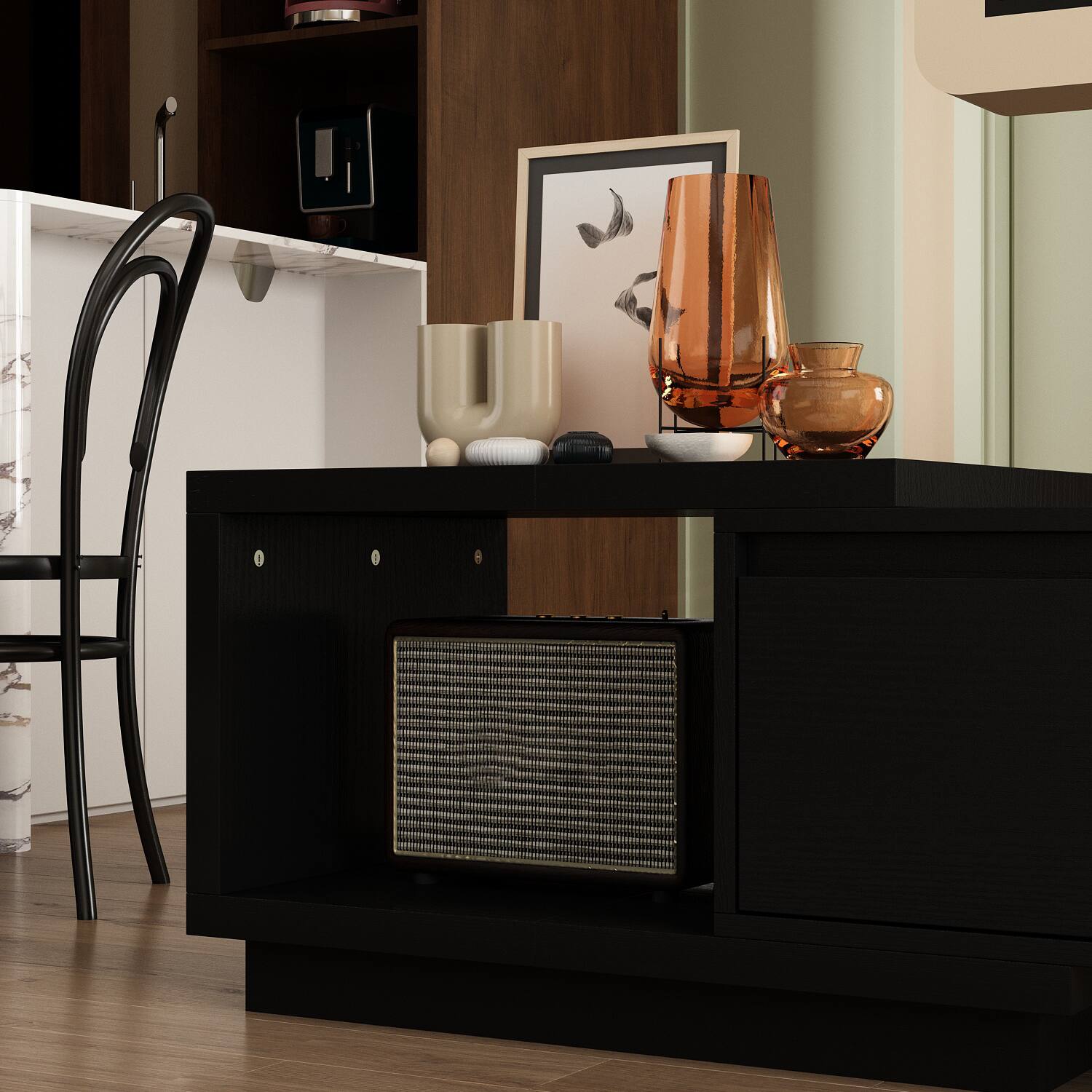 Alt View 2. FUFU&GAGA - Extendable TV Stand for 80 Inch TVs, Entertainment Center with Storage Drawers and Open Shelves, Modern Media Console - Black.