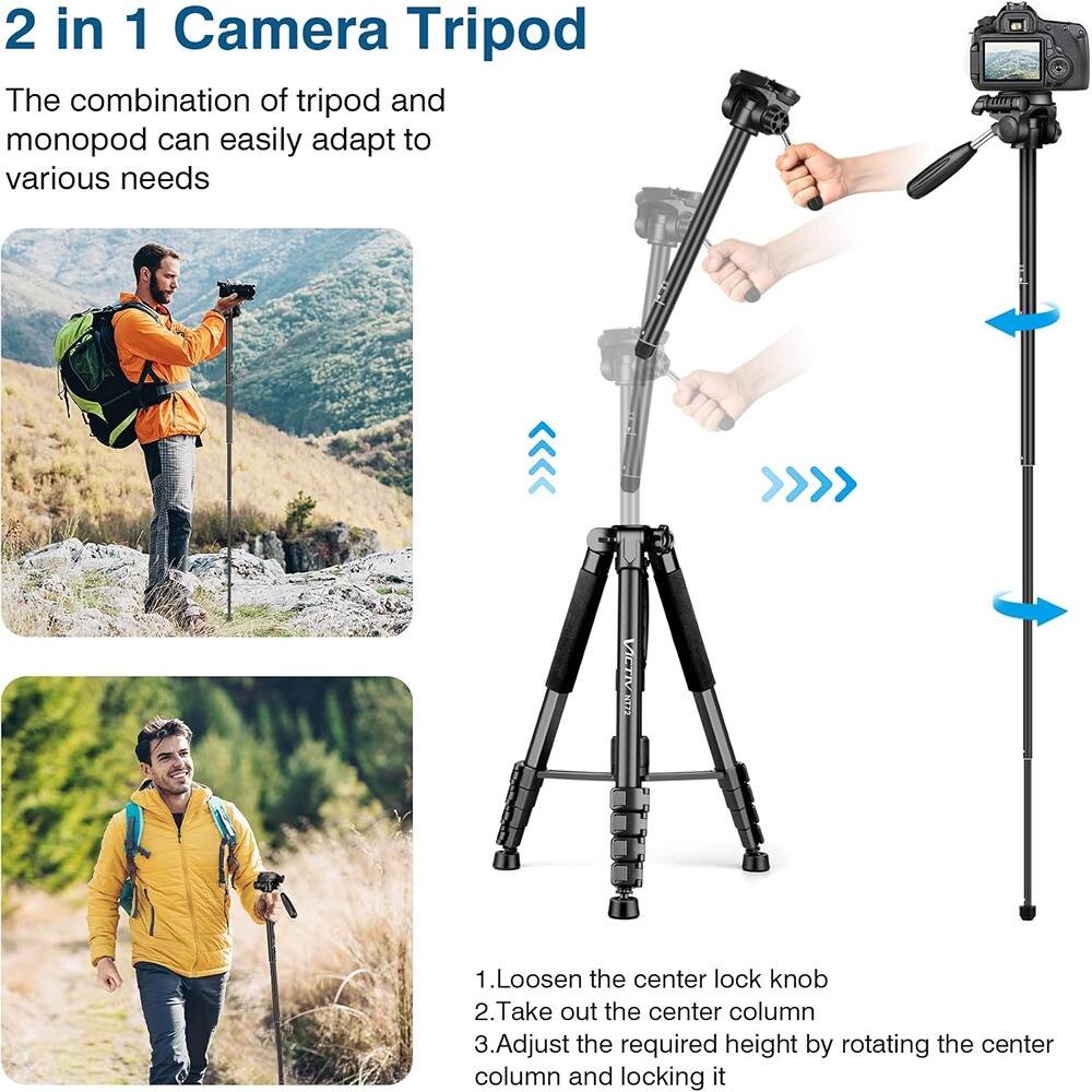 2 in 1 Camera Tripod

The combination of tripod and monopod can easily adapt to various needs

1. Loosen the center lock knob
2. Take out the center column
3. Adjust the required height by rotating the center column and locking it