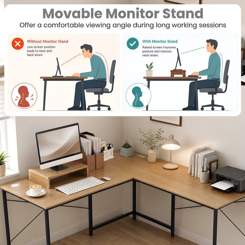 Movable Monitor Stand

Offer a comfortable viewing angle during long working sessions

Without Monitor Stand
Low screen position leads to neck and back strain.

With Monitor Stand
Raised screen improves posture and reduces neck strain.