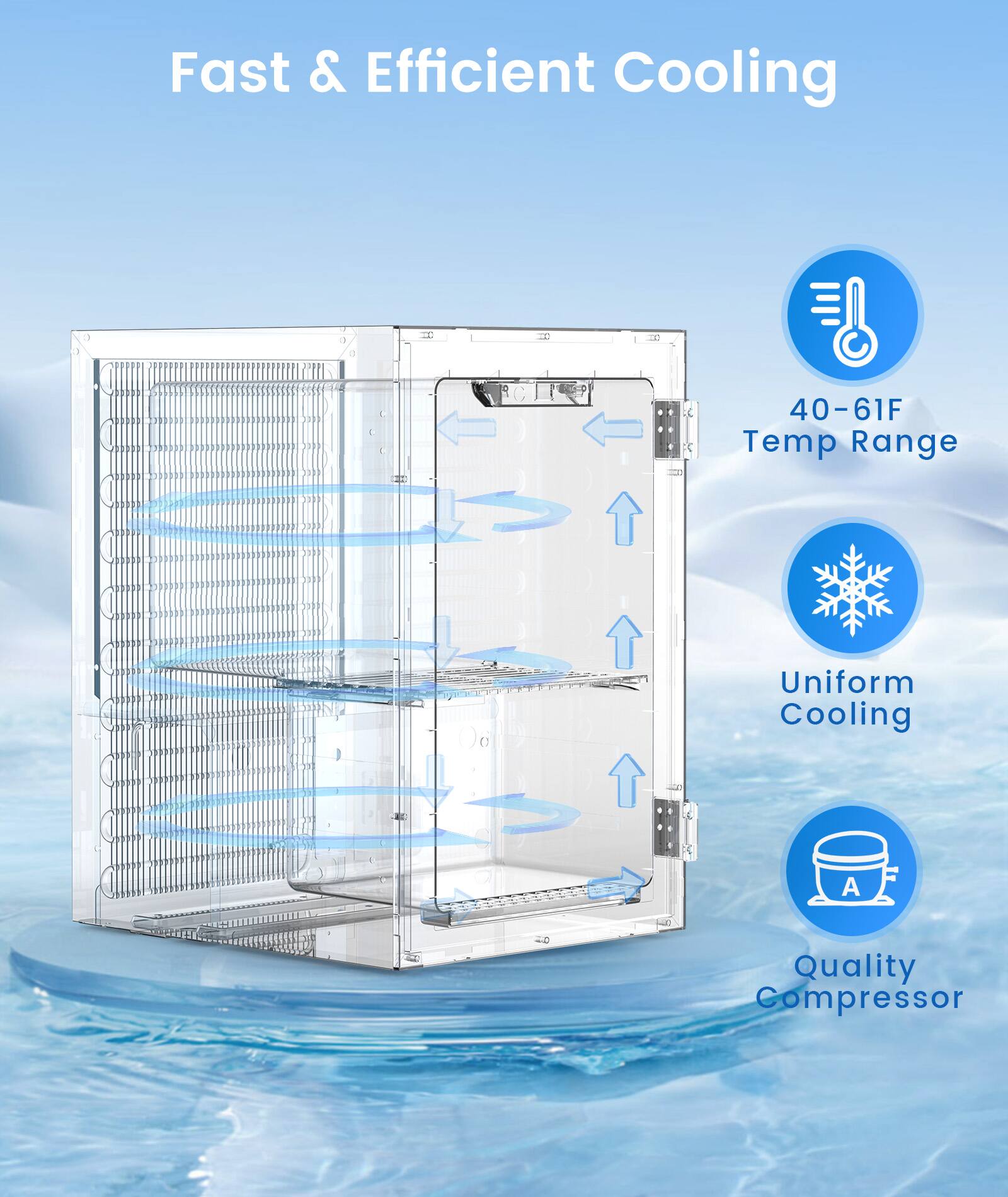 Fast & Efficient Cooling

40-61°F Temp Range

Uniform Cooling

Quality Compressor