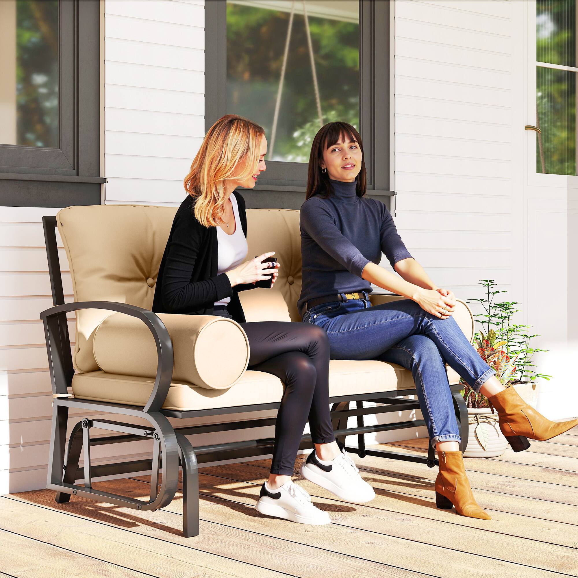 Alt View 1. Outsunny - Swing Glider Rocking Chair, Double Patio Bench, 2 Person Loveseat with Steel Frame, Cushions, Pillow Armrests - Khaki.