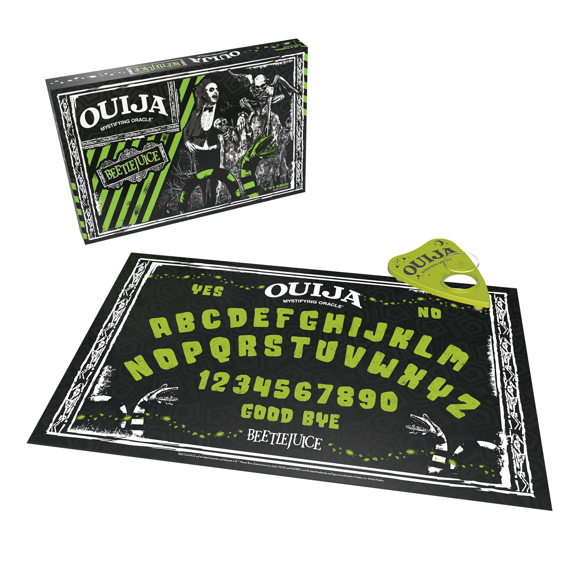 OUIJA  
Mystifying Oracle  
BEETLEJUICE  

YES  
NO  

ABCDEFG  
HIJKLM  
NOPQRSTUVWXYZ  
1234567890  
GOOD BYE  

BEETLEJUICE