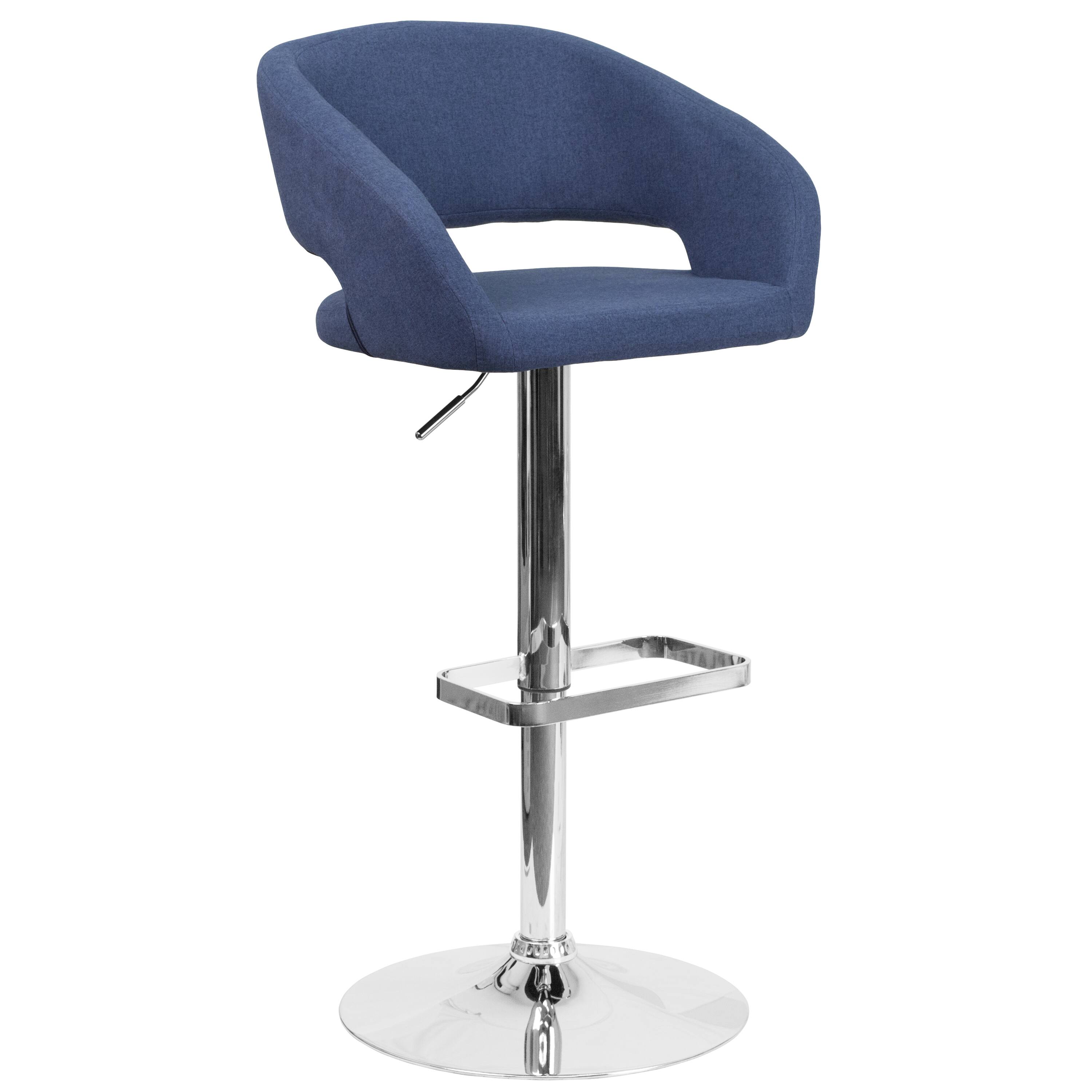 Alt View 1. Emma + Oliver - Shae Contemporary Upholstered Adjustable Height Barstool with Rounded, Cutout Mid-Back and Pedestal Base - Blue Fabric/Chrome Frame.