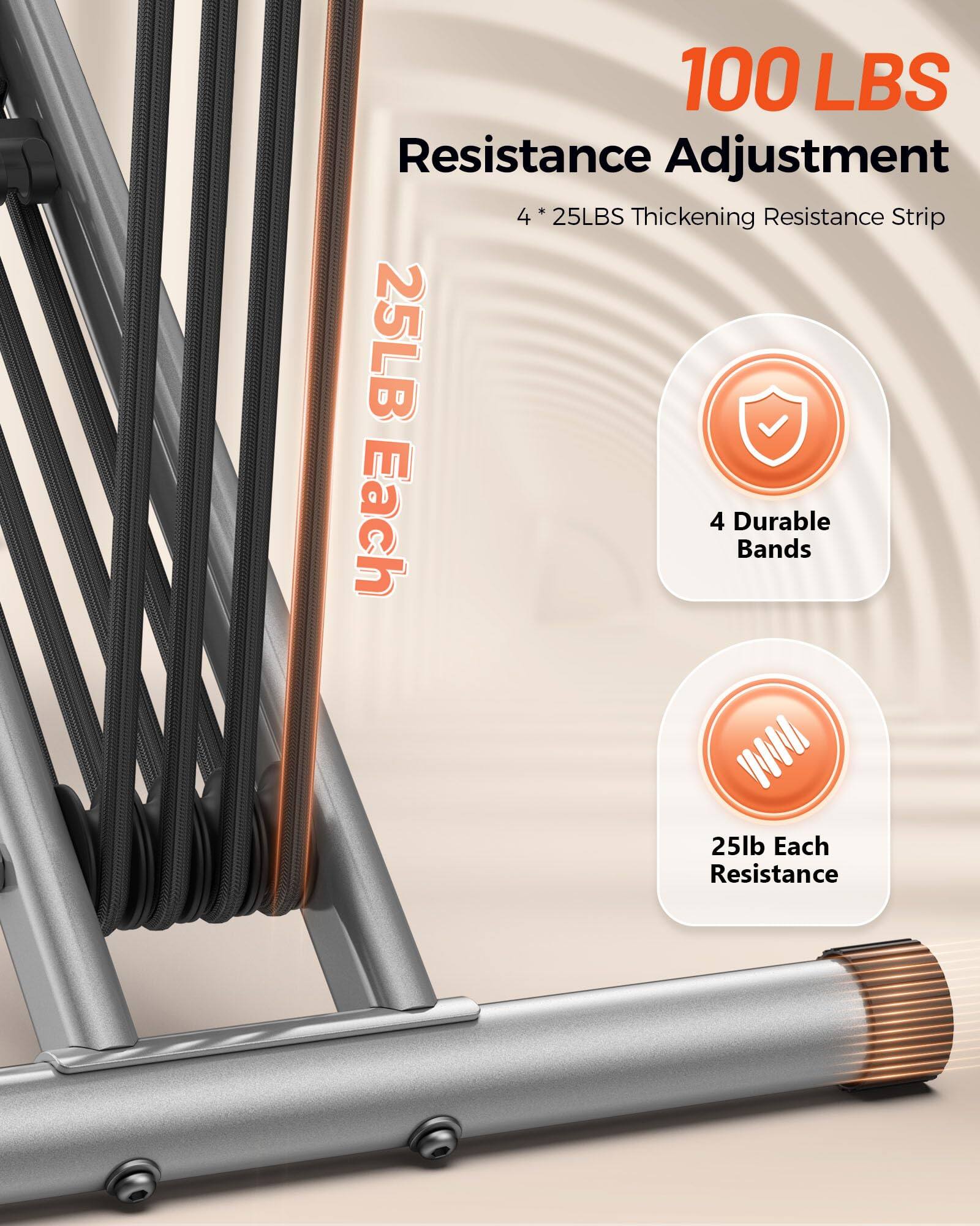 100 LBS Resistance Adjustment  
4 * 25LBS Thickening Resistance Strip  
25LB Each  
4 Durable Bands  
25lb Each Resistance