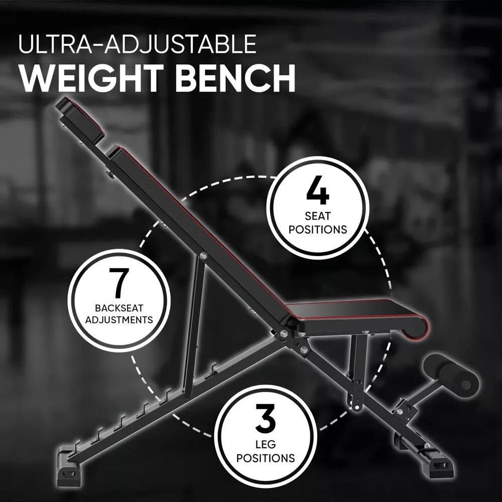 ULTRA-ADJUSTABLE WEIGHT BENCH

4 SEAT POSITIONS

7 BACKSEAT ADJUSTMENTS

3 LEG POSITIONS