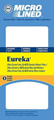 Sure, here is the corrected and grouped text:

---

**MICRO LINED**  
Vacuum Filter / Filtro de aspiradora / Filtre à aspirateur

**DESIGNED TO FIT**  
**DISEÑADO A MEDIDA**  
**CONÇU POUR S'ADAPTER A**

**Eureka**  
Ultra Smart Vac & 4870 Series Motor Filter /  
Ultra Smart y 4870 serie filtro del Motor /  
Ultra Smart Vac & 4870 série filtre moteur

**FILTERS**  
**FILTROS**  
**FILTRES**

*Registered trademark of vacuum cleaner manufacturer.  
Marca registrada del fabricante de la aspiradora.  
Marque de commerce déposée du fabricant d'aspirateur.*

---

This text is now properly grouped and corrected.