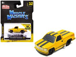 1993 Chevrolet 454 SS Pickup Truck Stripes 1/64 Diecast Model Car by Muscle Machines - Yellow with Black