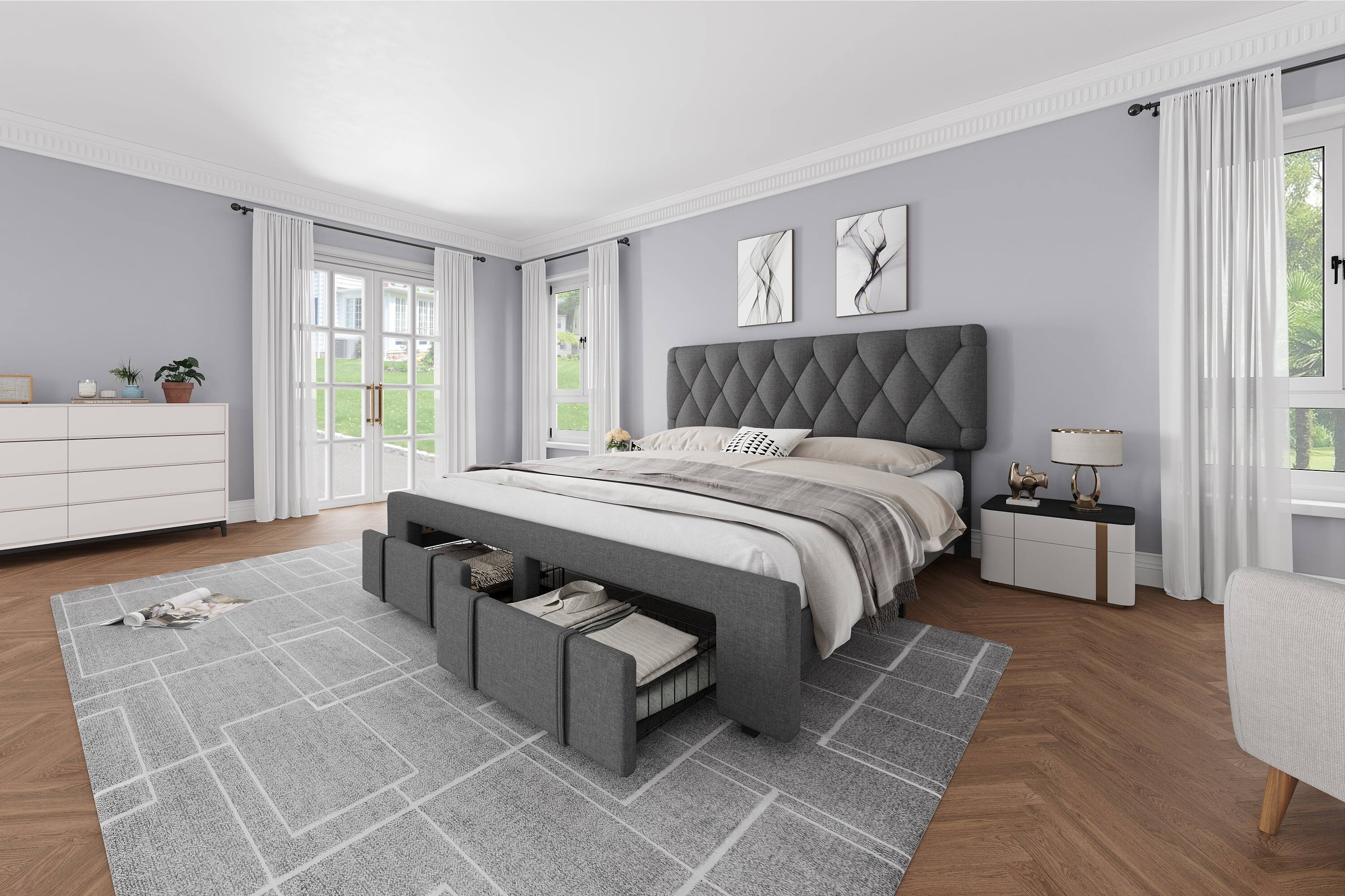 Angle. Qeetex - King Size Bed Frame with Diamond Tufted Headboard, Upholstered with Storage Drawer, No Box Spring, Gray - Gray King.