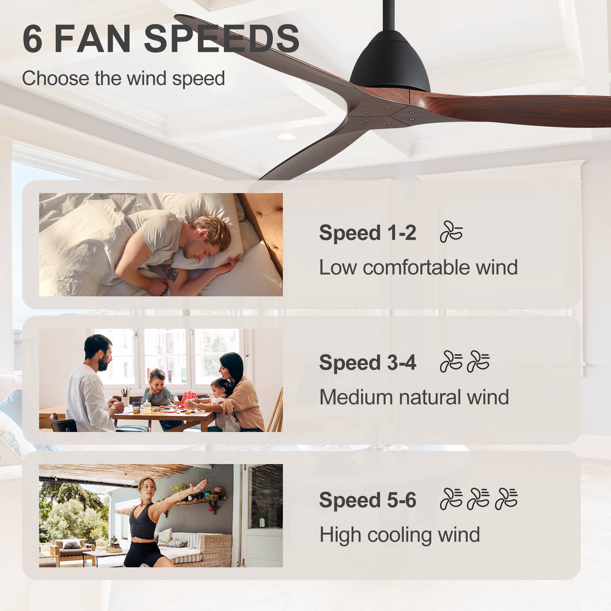 6 FAN SPEEDS  
Choose the wind speed

Speed 1-2  
Low comfortable wind

Speed 3-4  
Medium natural wind

Speed 5-6  
High cooling wind