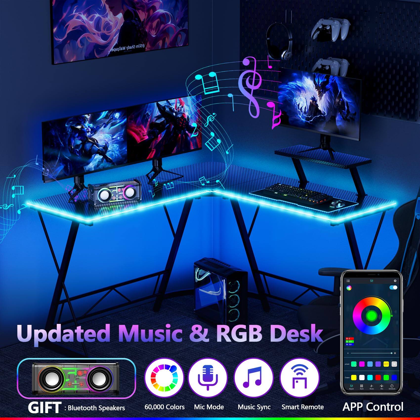 Updated Music & RGB Desk * GIFT Bluetooth Speakers 60,000 Colors Mic Mode Music Sync Smart Remote APP Control