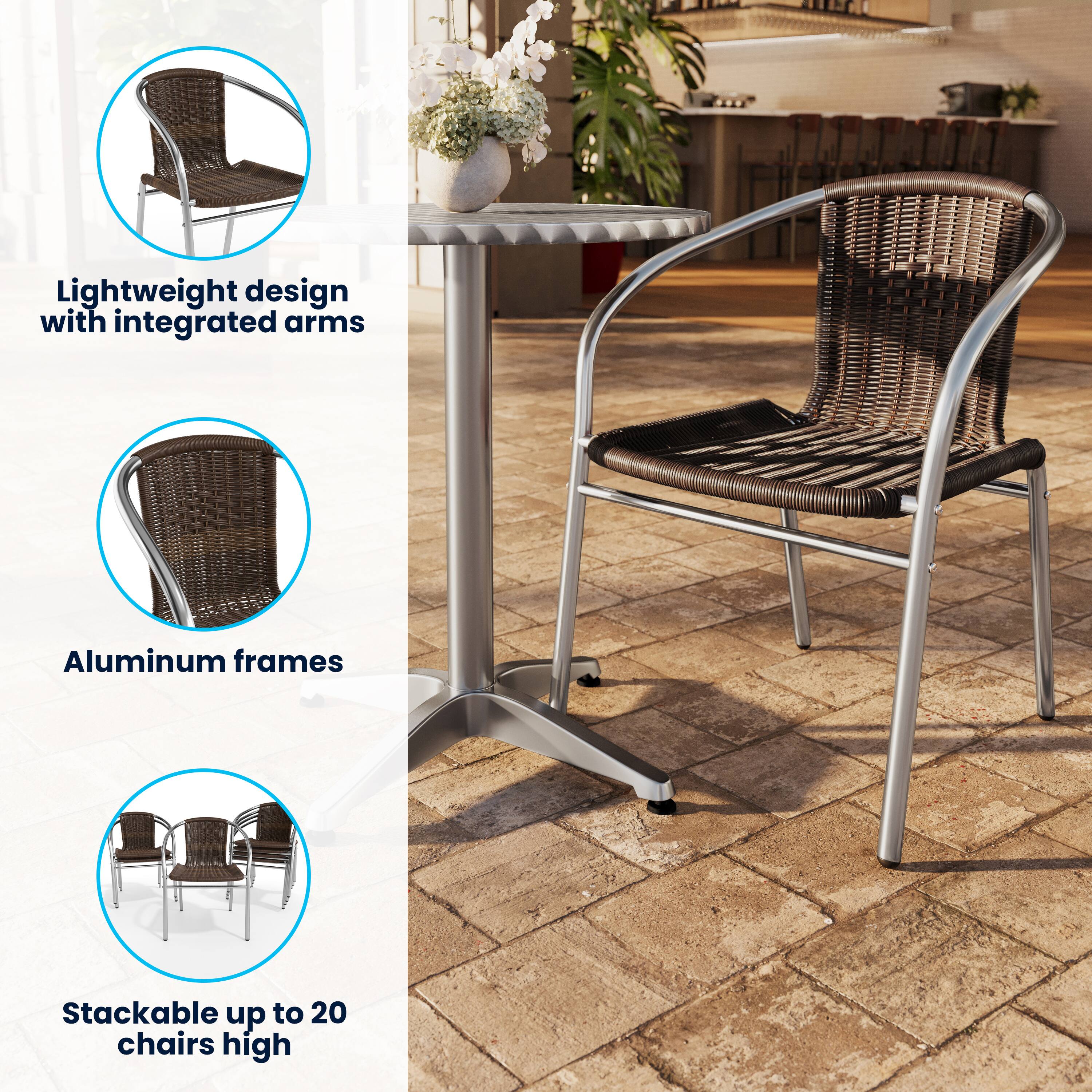 Lightweight design with integrated arms  
Aluminum frames  
Stackable up to 20 chairs high