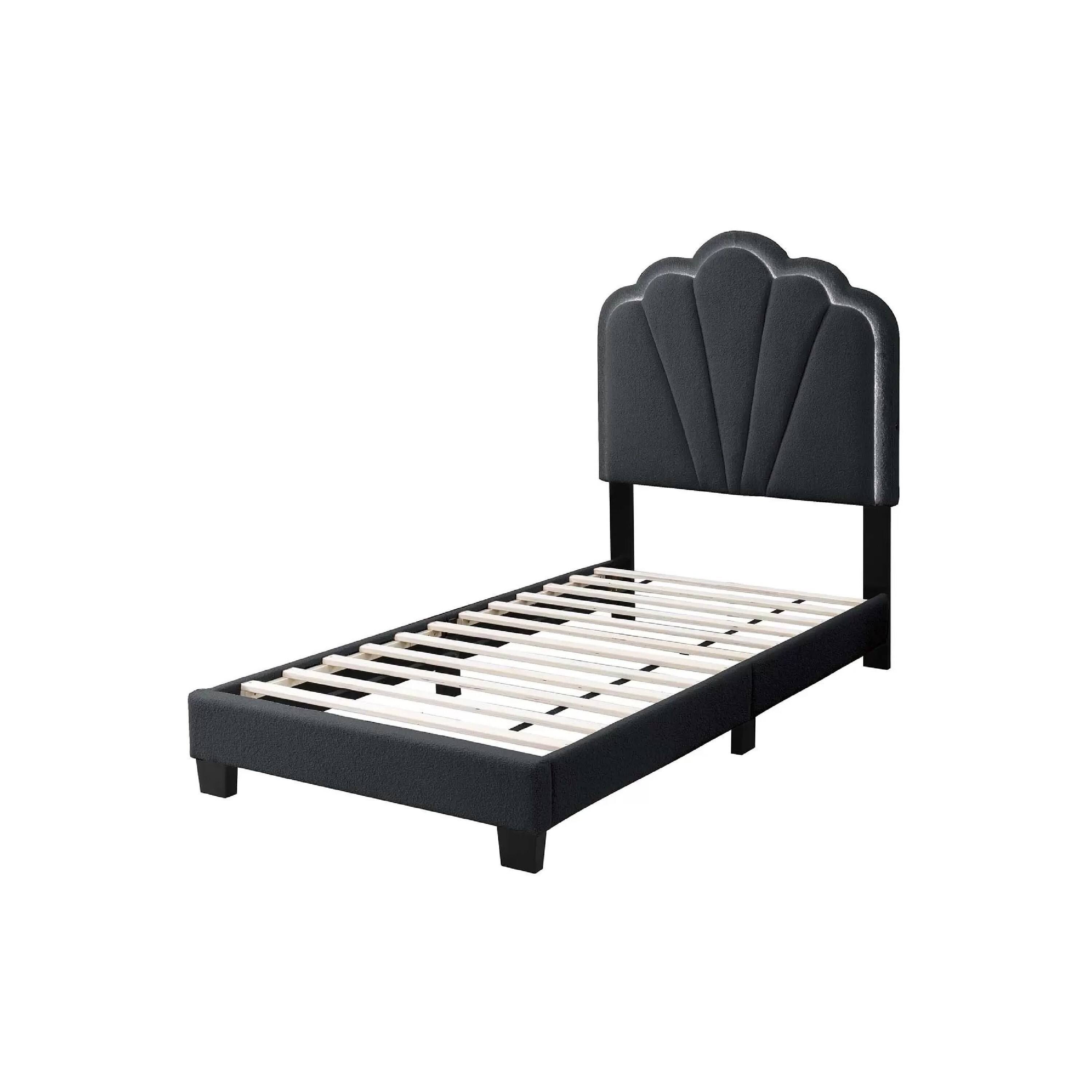 Alt View 1. Manhattan Lane - Roxy Twin Bed, Charcoal Gray Wool, LED Lighting, Padded Headboard - Charcoal Gray, Black.
