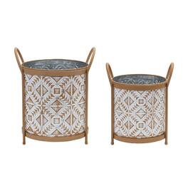 BreeBe - Footed Metal Aztec Planter (Set of 2) - White, Brown