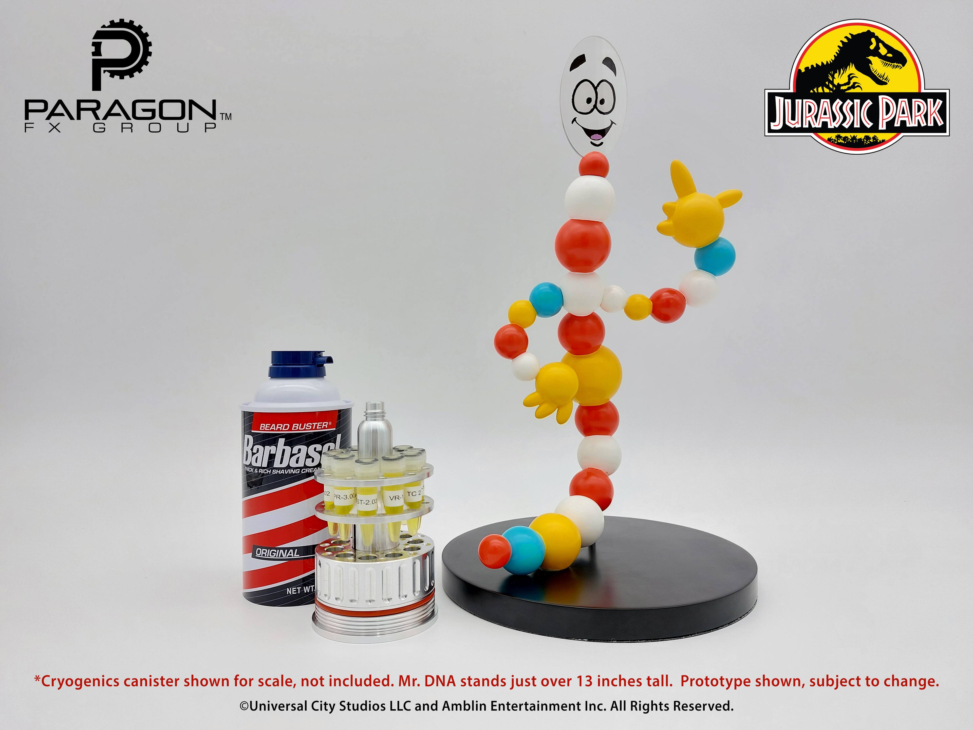 PARAGON™ FX GROUP  
JURASSIC PARK BEARD BUSTER*  
Barbasol  
ORIGINAL  
NET WT  

*Cryogenics canister shown for scale, not included. Mr. DNA stands just over 13 inches tall. Prototype shown, subject to change.  
Universal City Studios LLC and Amblin Entertainment Inc. All Rights Reserved.
