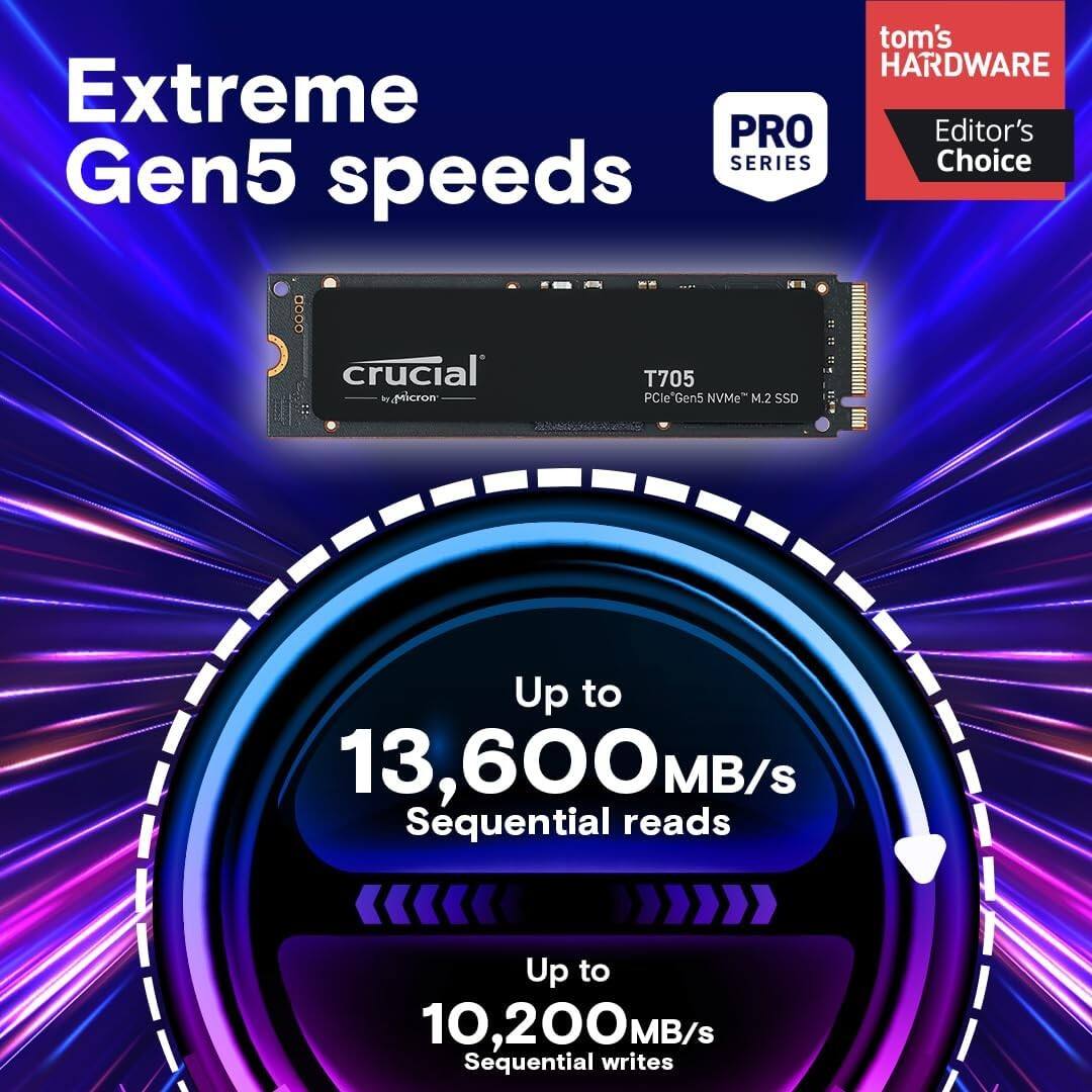 tom's HARDWARE Extreme PRO Editor's Gen5 SERIES Choice speeds .00 crucial Micron T705 PCIe Gen5 NVMe M.2 SSD Up to 13,600 MB/s Sequential reads Up to 10,200 MB/s Sequential writes