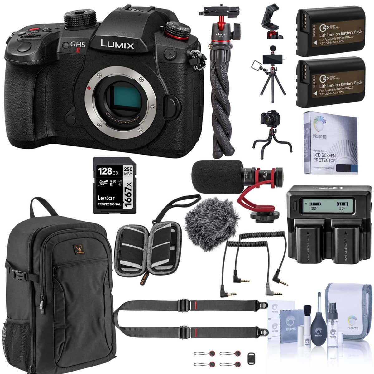 Bundle - Panasonic - LUMIX GH5II Mirrorless Camera with 128GB SD Card, Backpack, 2x Extra Battery, Dual Charger, Shoulder