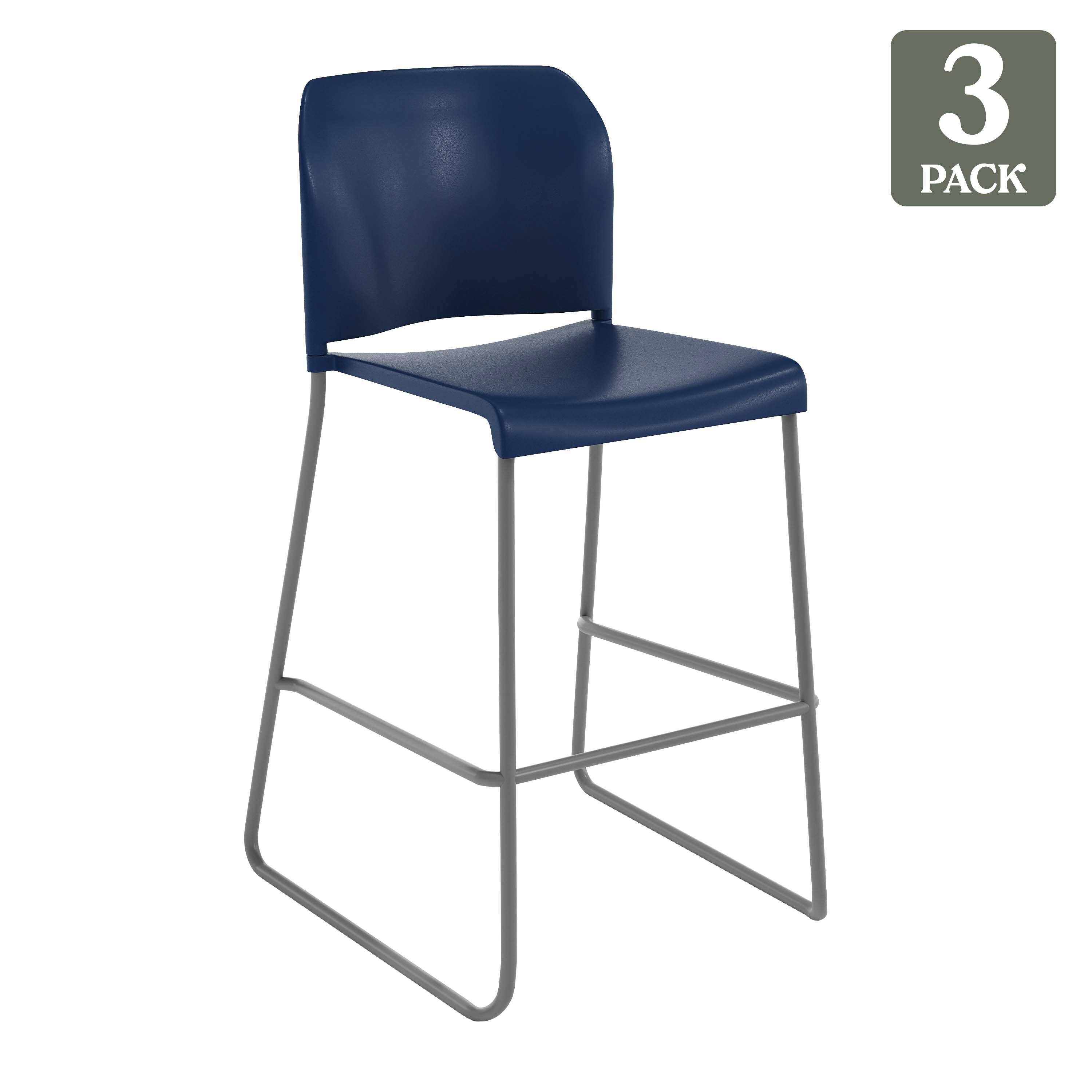 Alt View 1. Emma + Oliver - Calliope Set of 3 Stackable Office Reception Barstools with Chrome Sled Bases - Navy Plastic/Gray Frame.
