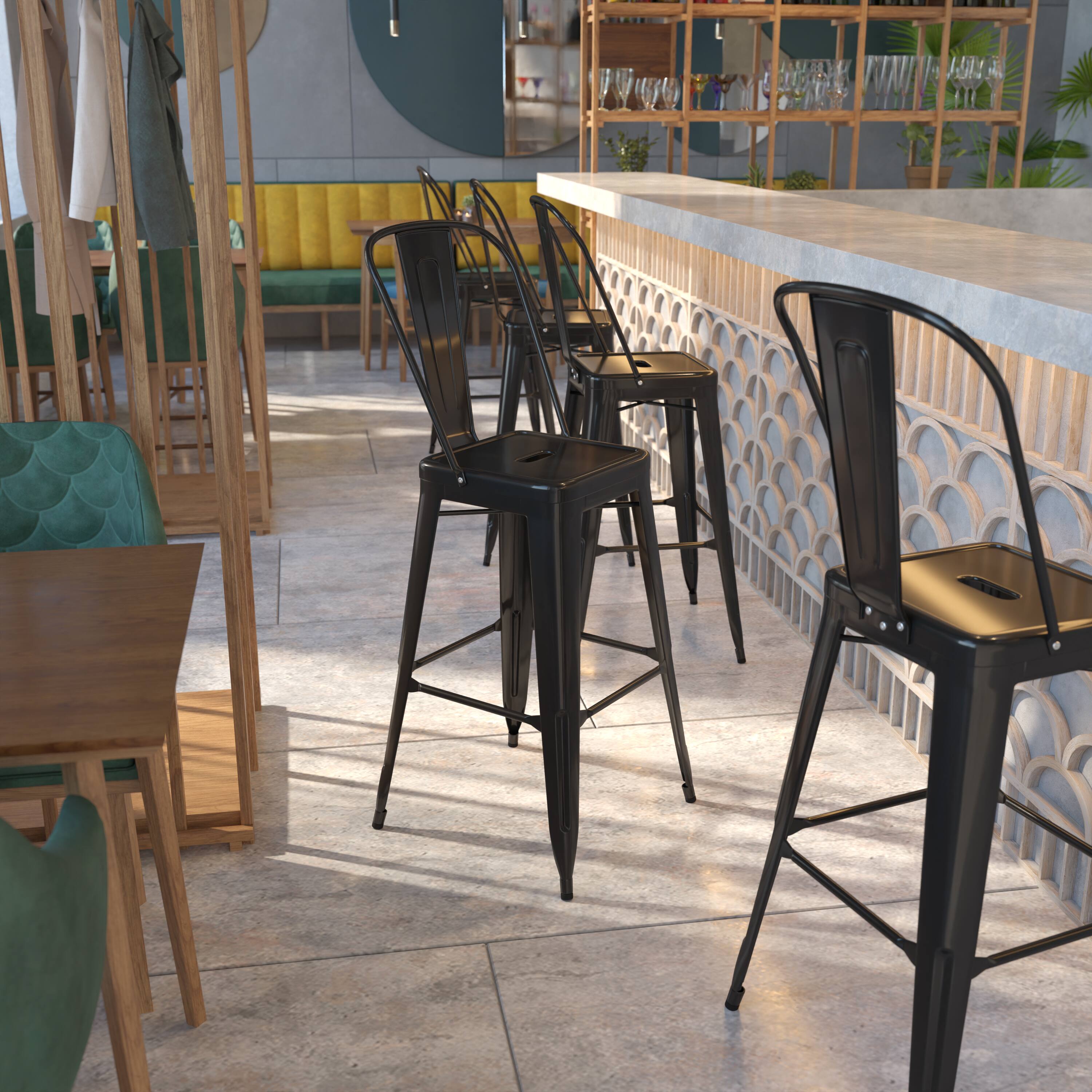 Alt View 1. Emma + Oliver - Commercial Grade 30"H Colorful Metal Indoor-Outdoor Barstool with Back - Black.