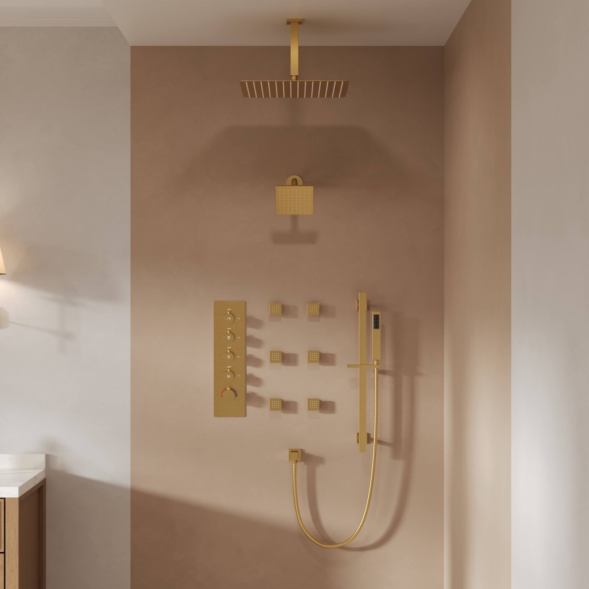Angle. GRANDJOY - 16" Thermostatic Shower System with Dual Rainfall Shower Heads, Handheld Sprayer, and Six Body Jets for Luxury Bathroom - Brushed Gold.