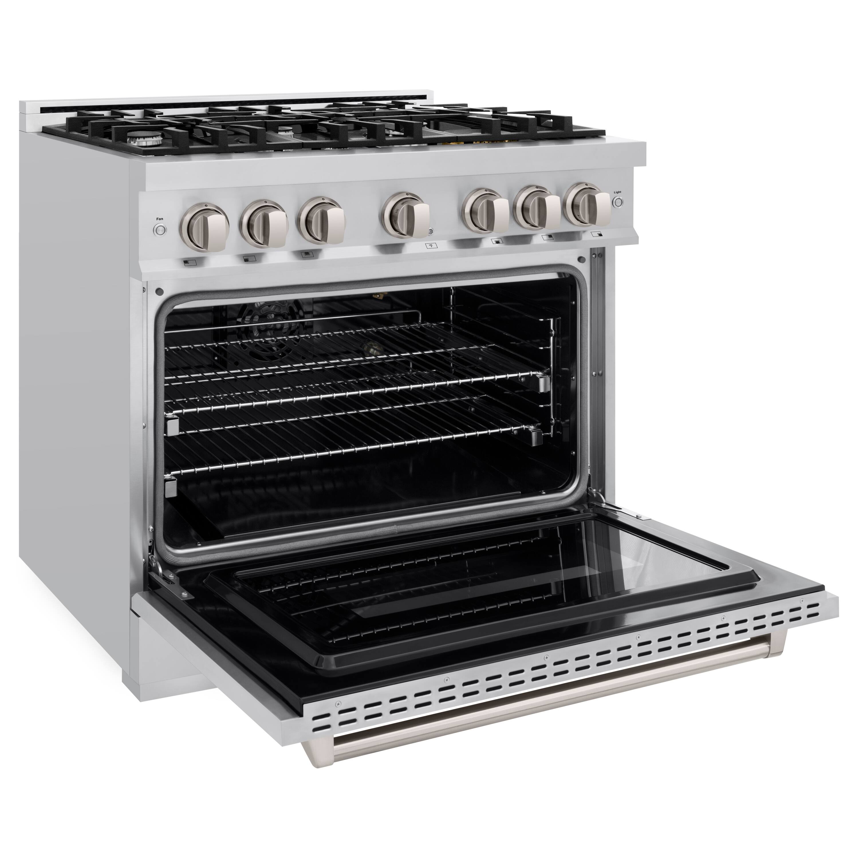 Left. ZLINE - 36” Classic Gas Range with 6 Burner Cooktop and Convection Oven (CGR36) - Stainless Steel.
