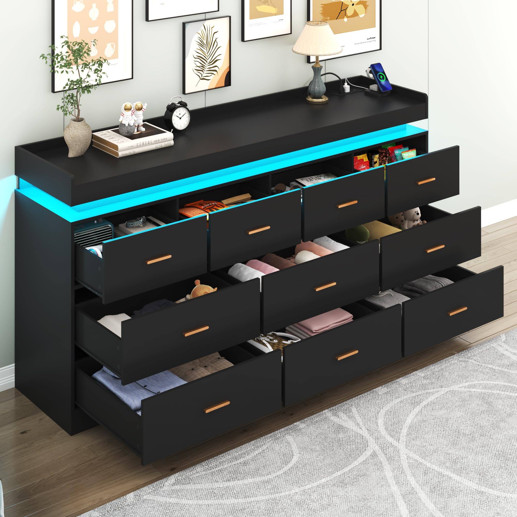 Alt View 1. Lent Glitter Wood - 10 Drawer LED Dresser with USB Charging, Modern Storage Cabinet for Closet Organization, Living Room & Hallway Furniture - black.