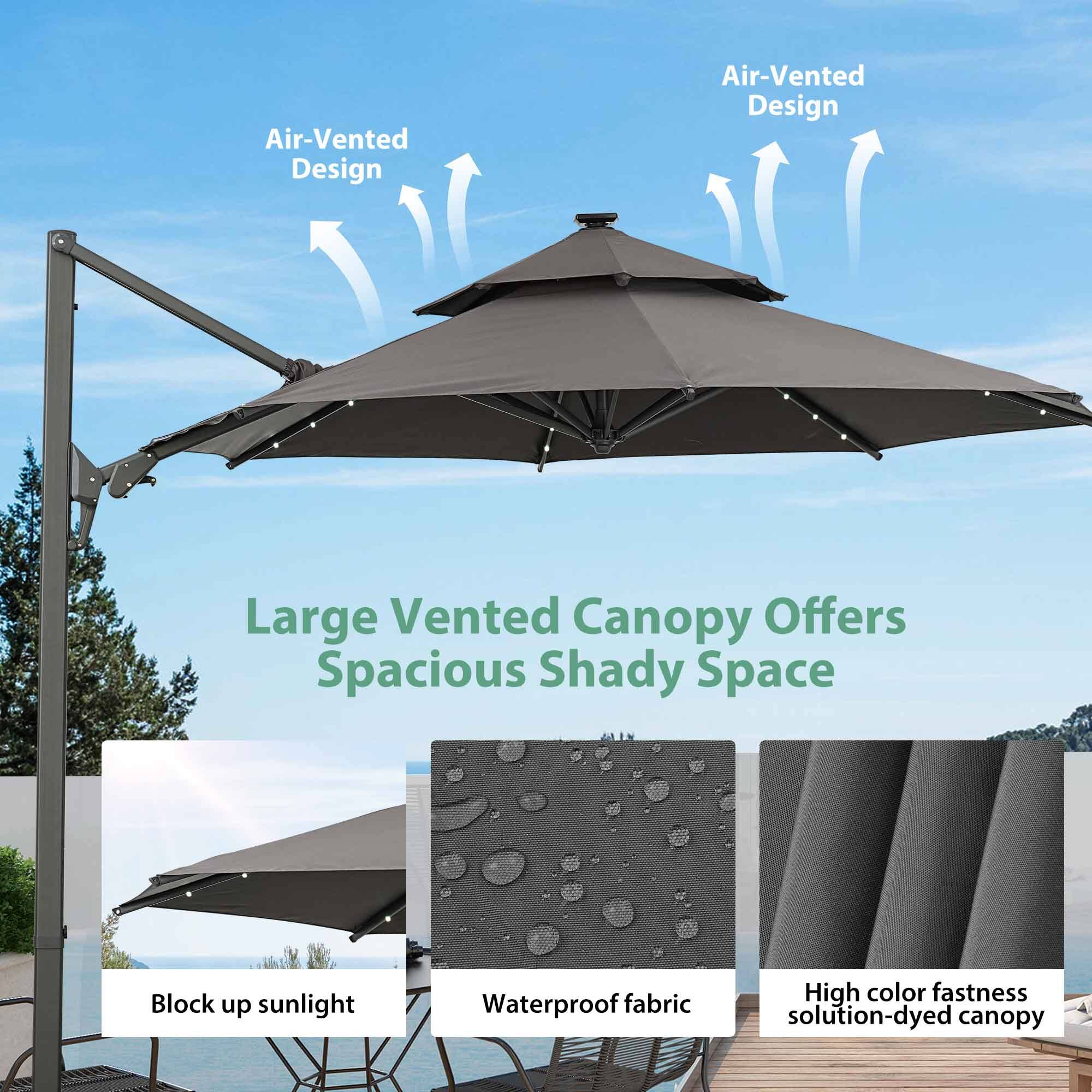 Air-Vented Design

Large Vented Canopy Offers Spacious Shady Space

Block up sunlight

Waterproof fabric

High color fastness solution-dyed canopy