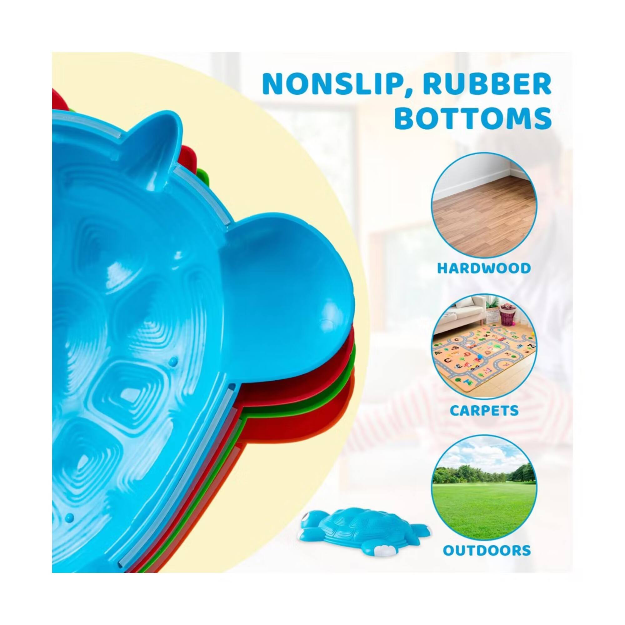 Nonslip, rubber bottoms for hardwood, carpets, and outdoors