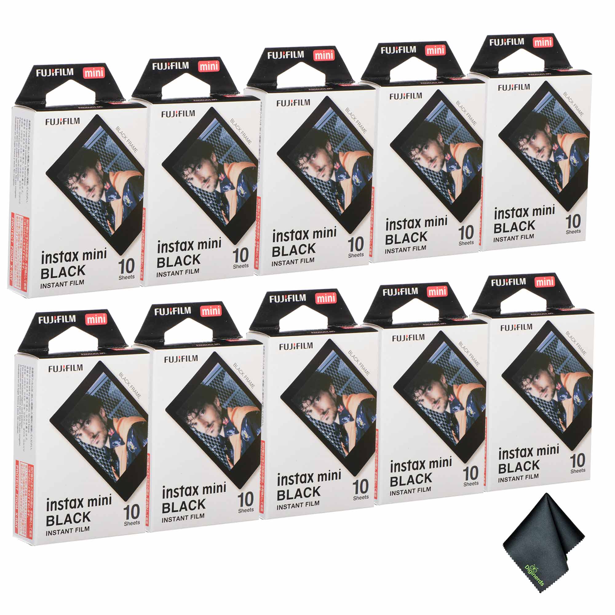 Fujifilm - 10xFUJIFILM INSTAX MINI Black Instant Film (10 Exposures), Microfiber Cleaning Cloth, Bundle