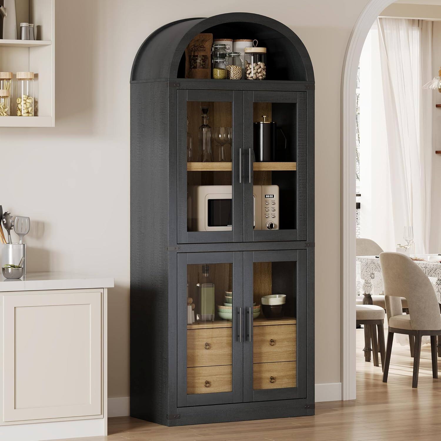 Homhougo- Arched Pantry Cabinet with Doors, 71.4" Tall Wood Storage Cabinet with 2 Drawers, Farmhouse Kitchen Cupboard & Modern- Black